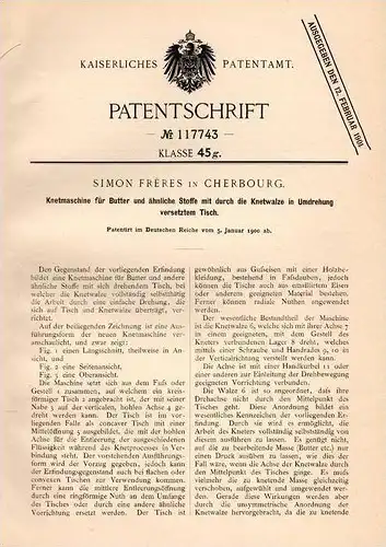 Original Patentschrift - S. Freres in Cherbourg , 1900 , machine de malaxage pour le beurre, les produits laitiers !!