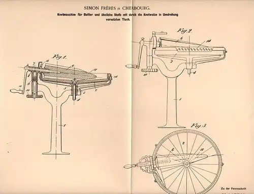 Original Patentschrift - S. Freres in Cherbourg , 1900 , machine de malaxage pour le beurre, les produits laitiers !!