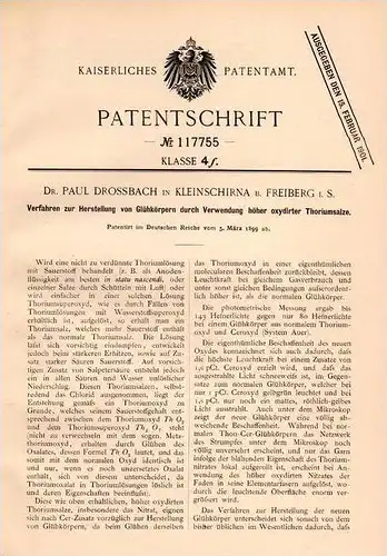 Original Patentschrift - Dr. P. Drossbach in Kleinschirma - Oberschöna , 1899 , Glühkörper aus Thoriumsalz , Freiberg !!