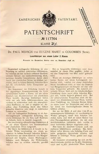 Original Patentschrift - Dr. P. Mersch und E. Maret , 1898 , ampoule , luminaire !!!