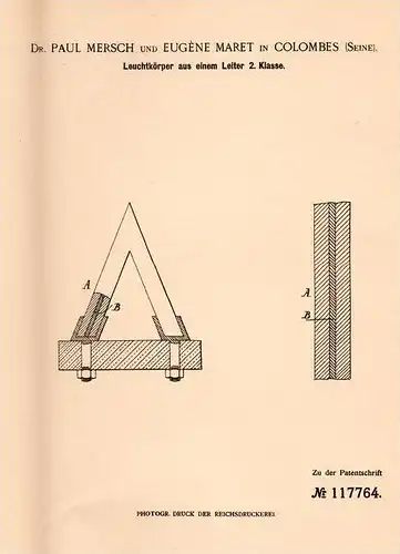 Original Patentschrift - Dr. P. Mersch und E. Maret , 1898 , ampoule , luminaire !!!