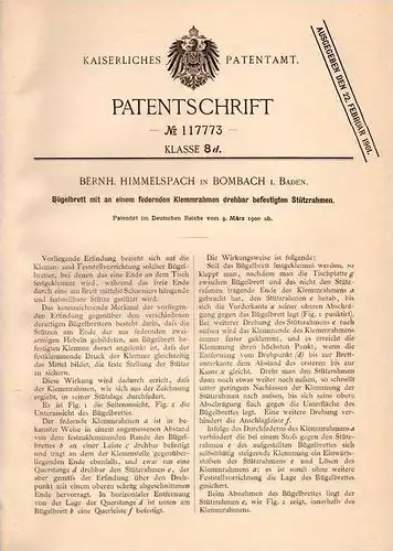 Original Patentschrift - B. Himmelspach in Kenzingen - Bombach , 1900 , Bügelbrett , Bügeleisen , Bügeln !!!