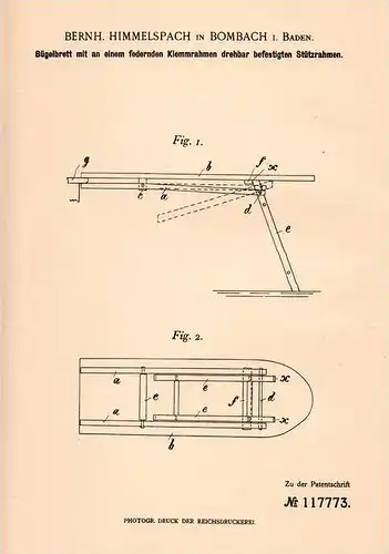 Original Patentschrift - B. Himmelspach in Kenzingen - Bombach , 1900 , Bügelbrett , Bügeleisen , Bügeln !!!