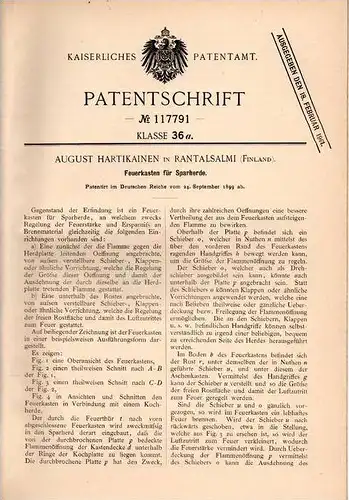 Original Patentschrift - A. Hartikainen in Rantalsalmi , Finland , 1899 , Feuerkasten für Herd , Sparherd , Kochen !!!