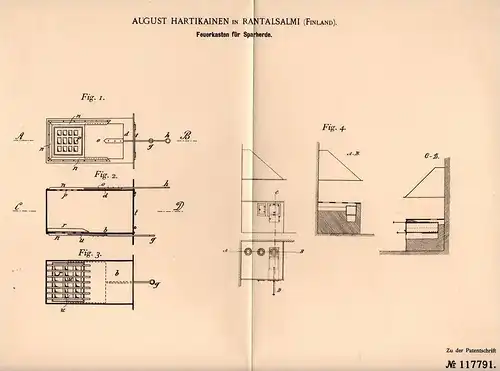 Original Patentschrift - A. Hartikainen in Rantalsalmi , Finland , 1899 , Feuerkasten für Herd , Sparherd , Kochen !!!
