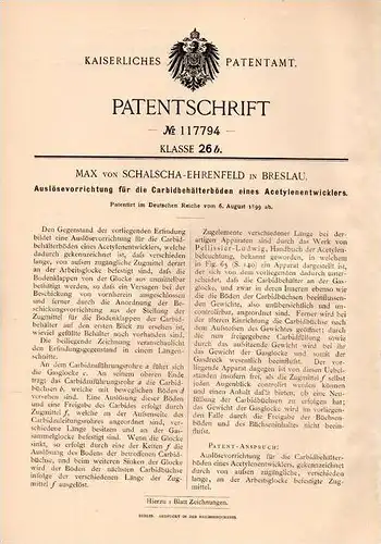 Original Patentschrift - Max von Schalscha - Ehrenfeld in Breslau , 1899 , Apparat für Acetylen - Entwickler  !!!