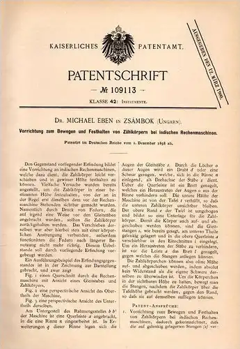 Original Patentschrift - Dr. M. Eben in Zsámbok , Hungary , 1898, Apparat für indische Rechner , Mathematik , mathematic