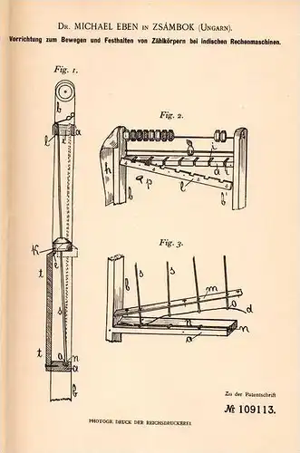 Original Patentschrift - Dr. M. Eben in Zsámbok , Hungary , 1898, Apparat für indische Rechner , Mathematik , mathematic