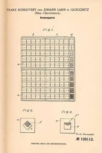 Original Patentschrift - F. Schelivsky und J. Lahn in Gloggnitz , 1898 , Rechenapparat , Mathematik , Schule , Rechnen