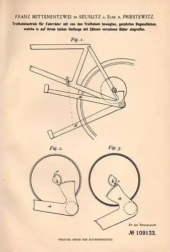 Original Patentschrift - F. Mittenentzwei in Seußlitz a. Elbe / Nünchritz , 1899 , Antrieb für Fahrrad , Priestewitz !!!