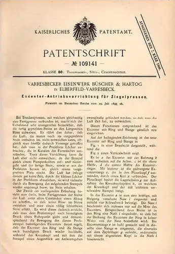 Original Patentschrift - Büscher & Hartog in Elberfeld - Varresbeck ,1899, Antrieb für Ziegelpresse , Ziegel , Wuppertal