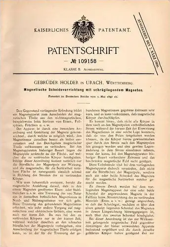 Original Patentschrift - Gebr. Holder in Bad Urach , 1897 , Magnetische Sortiermaschine , Magnet , Erz , Früchte !!!