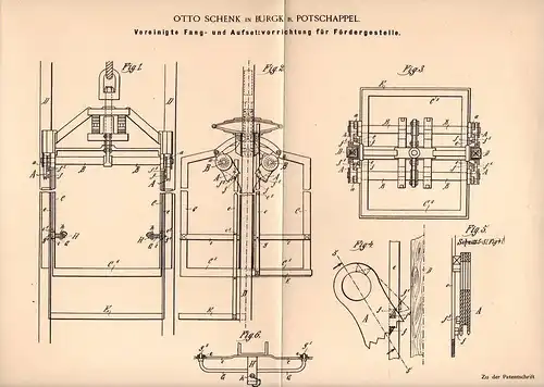 Original Patentschrift - O. Schenk in Burgk b. Potschappel ,1898, Fangapparat für Fördergestelle , Freital , Remptendorf