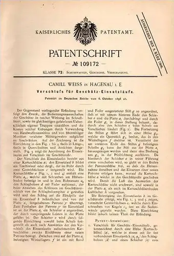 Original Patentschrift - C. Weiss in Hagenau / Haguenau i.E., 1898 ,  verrouiller des fusils, des armes à feu , canon !!