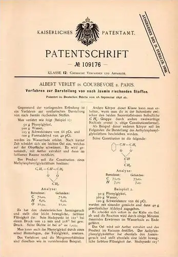 Original Patentschrift - A. Verley in Courbevoie b. Paris , 1898 ,  présentation des données de jasmin, de la chimie !!!