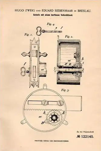 Original Patentschrift - H. Zweig und E. Siebenhaar in Breslau , 1899 , Schloss mit Vollschlüssel , Schlüssel  , Tür !!!