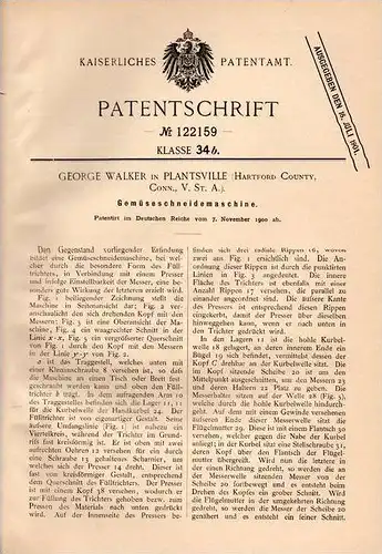 Original Patentschrift - G. Walker in Plantsville , Conn., USA , 1900 , cutting machine for vegetables !!!