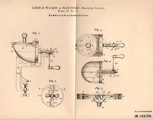 Original Patentschrift - G. Walker in Plantsville , Conn., USA , 1900 , cutting machine for vegetables !!!