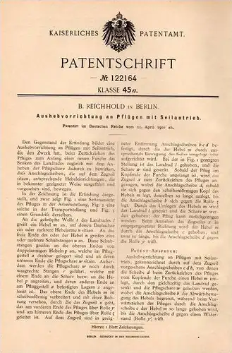 Original Patentschrift - B. Reichhold in Berlin , 1900 , Ausheber für Pflug , Landwirtschaft , Agrar , Ackerbau !!!