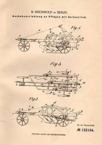 Original Patentschrift - B. Reichhold in Berlin , 1900 , Ausheber für Pflug , Landwirtschaft , Agrar , Ackerbau !!!