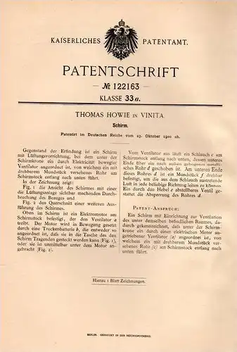 Original Patentschrift - Th. Howie in Vinita , Oklahoma , 1900 , parasol umbrella with fan !!!