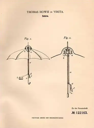 Original Patentschrift - Th. Howie in Vinita , Oklahoma , 1900 , parasol umbrella with fan !!!