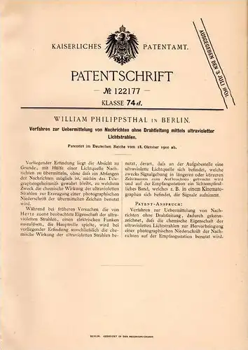 Original Patentschrift - W. Philippsthal in Berlin, 1900 , Teöegraphie mit ultraviolettem Licht , geheime Nachrichten !!