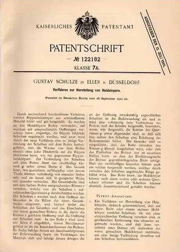 Original Patentschrift - G. Schulze in Eller b. Düsseldorf , 1900 , Heizkörper - Herstellung , Heizung , Heizungsbau !!!