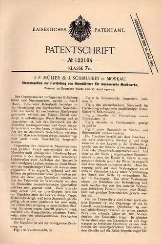 Original Patentschrift - Müller & Schmurkin in Moskau ,1900, Stanzmaschine für Notenblätter , Notenblatt , Noten , Musik