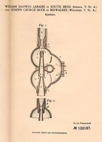 Original Patentschrift - W. Labadie in South Bend , Indiana , 1900 , Ejector , steam engine !!!