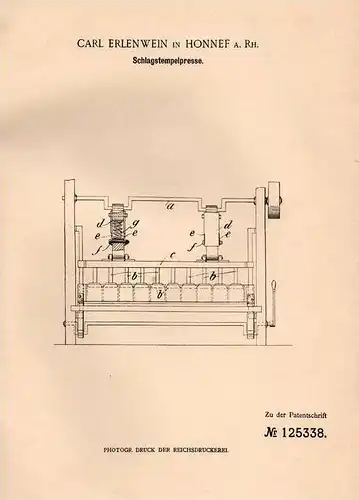 Original Patentschrift - C. Erlenwein in Honnef a. Rh. , 1900 , Schlangenstempelpresse , Presse , Stempel !!!