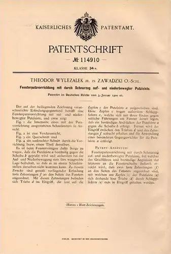 Original Patentschrift - Th. Wylezalek in Zawadzki , O.-Schl., 1900 , Putzapparat für Fenster , Zawadzkie !!!