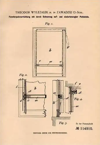 Original Patentschrift - Th. Wylezalek in Zawadzki , O.-Schl., 1900 , Putzapparat für Fenster , Zawadzkie !!!