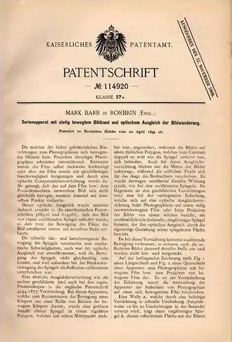 Original Patentschrift - M. Barr in Rosbrin , England , 1899 , picture camera , photography , photo , ros brin !!!