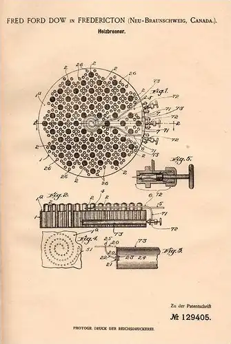 Original Patentschrift - F. Dow in Fredericton , 1901 , New Brunswick , burner , heating , Heizbrenner  !!!