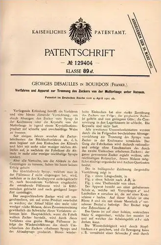 Original Patentschrift - G. Desaulles in Bourdon - Somme , 1901 , appareils pour le sucre, le sirop, la liqueur !!!