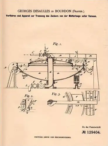 Original Patentschrift - G. Desaulles in Bourdon - Somme , 1901 , appareils pour le sucre, le sirop, la liqueur !!!