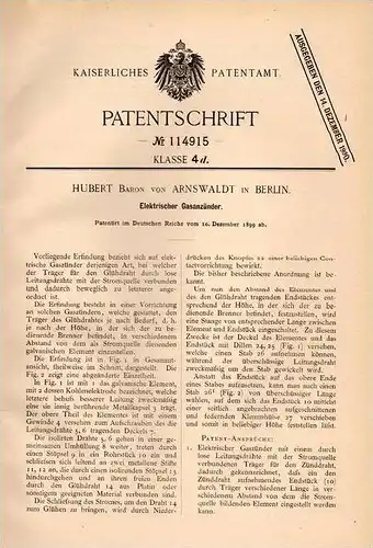 Original Patentschrift - H. Baron von Arnswaldt in Berlin , 1899 , elektrischer Gasanzünder , Laterne , Lampe !!!