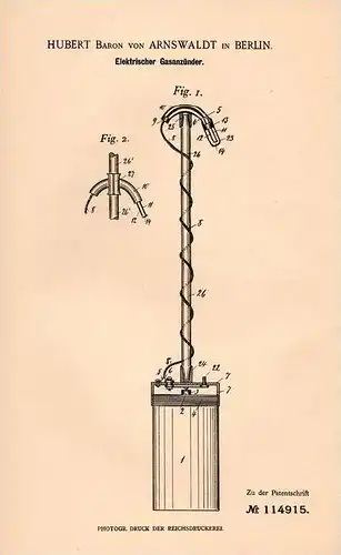 Original Patentschrift - H. Baron von Arnswaldt in Berlin , 1899 , elektrischer Gasanzünder , Laterne , Lampe !!!