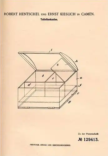 Original Patentschrift - R. Hentschel und E. Kieslich in Kamen i.W., 1901 , Kasten für Toilette , Sanitär , Spülkasten !