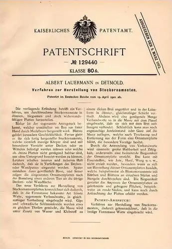 Original Patentschrift - A. Lauermann in Detmold , 1901 , Stuck - Ornamente , Architektur , Kunst !!!