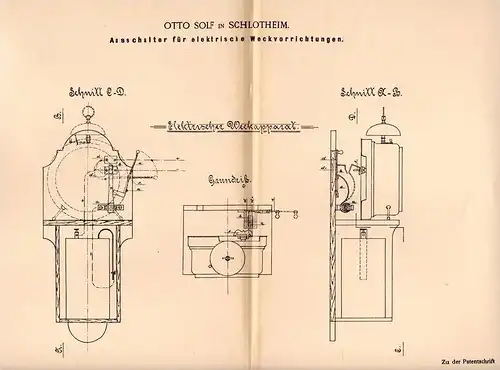Original Patentschrift - Otto Solf in Schlotheim , 1901 , elektrische Weckvorrchtung , Ausschalter , Wecker , Uhr !!!