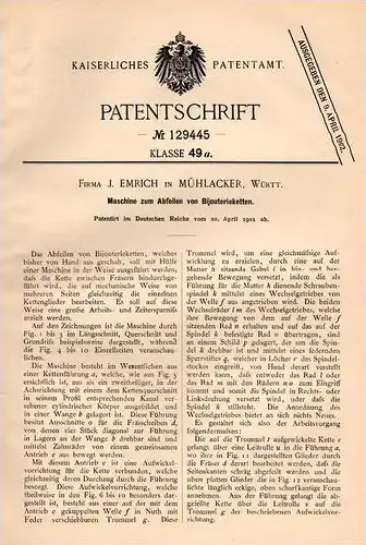 Original Patentschrift - J. Emrich in Mühlacker , Württ. , 1901 , Maschine für Bijouterieketten , Ketten , Kette !!!