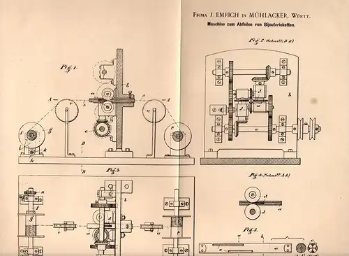 Original Patentschrift - J. Emrich in Mühlacker , Württ. , 1901 , Maschine für Bijouterieketten , Ketten , Kette !!!