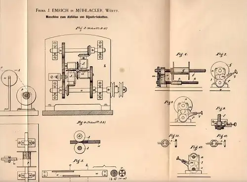 Original Patentschrift - J. Emrich in Mühlacker , Württ. , 1901 , Maschine für Bijouterieketten , Ketten , Kette !!!