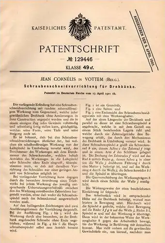 Original Patentschrift - J. Cornélius in Vottem , Belgium , 1901 , Schneidapparat für Drehbank , Dreherei !!!