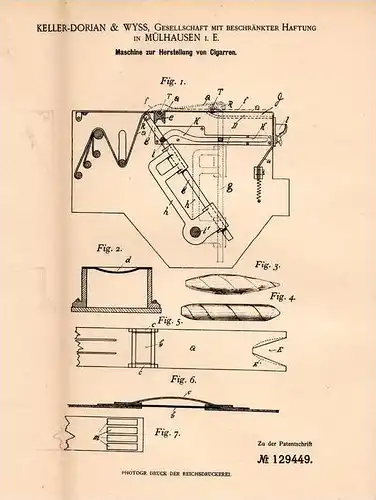 Original Patentschrift - Keller-Dorian & Wyss in Mulhouse i. Elsass , 1900 , machine a cigares , cigare , Cigarre !!!