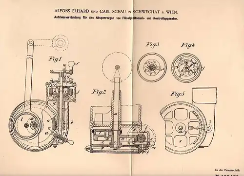 Original Patentschrift - A. Erhard und C. Schau in Schwechat , 1901 , Antrieb für Kontrollapparat , Wien !!!