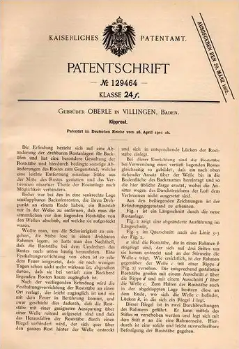 Original Patentschrift - Gebr. Oberle in Villingen i. Baden , 1901 , Kipprost , Rost , Rostanlage !!!