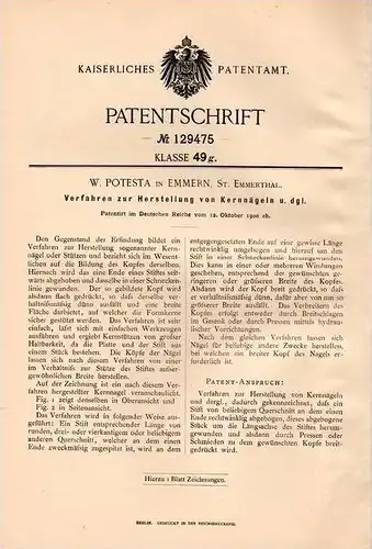Original Patentschrift -  W. Potesta in Emmern b. Emmerthal , 1900 , Herstellung von Nägeln , Nagel , Handwerker !!!